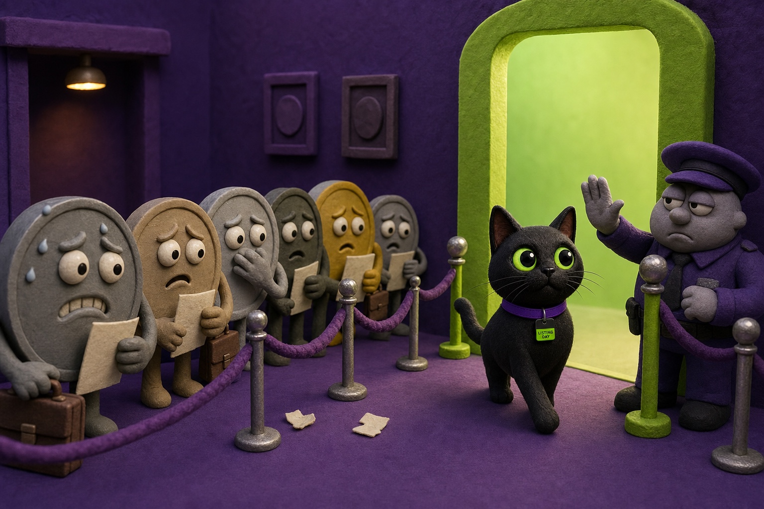 Coin mascots wait in line while the $LCAT mascot walks through the open gate